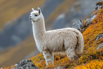Fototapeta premium White Alpaca Standing on Autumnal Mountainside
