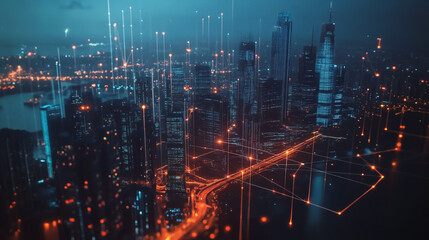 Obraz premium Smart digital Innovation city with connection network reciprocity over the twilight cityscape. of future smart wireless digital city and social media networking systems that connects people with city 