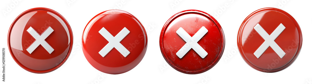 Poster Four red, circular buttons feature a prominent white cross symbol each showing variations in texture and finish.