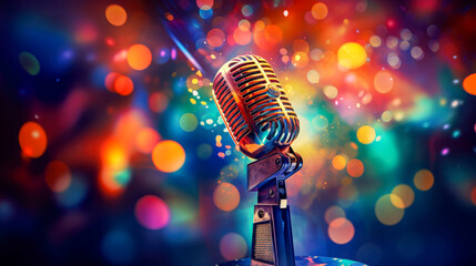 Vibrant stage set for a live performance featuring a classic microphone in a lively venue during the evening