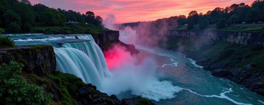 Emerald and ruby hues glowing softly on the Horseshoe Falls at dusk, hues, glowing