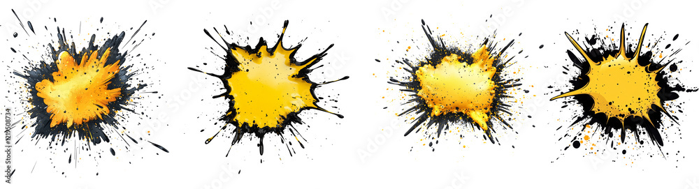 Poster four dynamic abstract images depict yellow paint explosions with black splatter against a black back