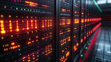 Fototapeta premium A brightly lit server room featuring rows of high-tech servers illuminated by colorful LED lights.