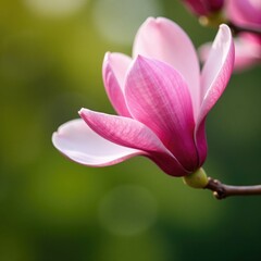 Delicate pink magnolia branch with soft petals unfolding from a bud, garden, pink