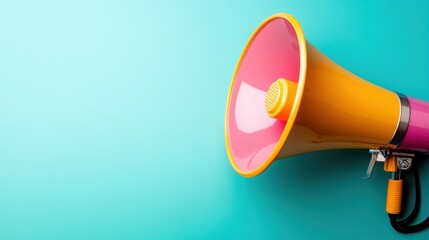 This striking image features a colorful megaphone against a turquoise background, symbolizing communication and announcements, perfect for attention-grabbing visuals.