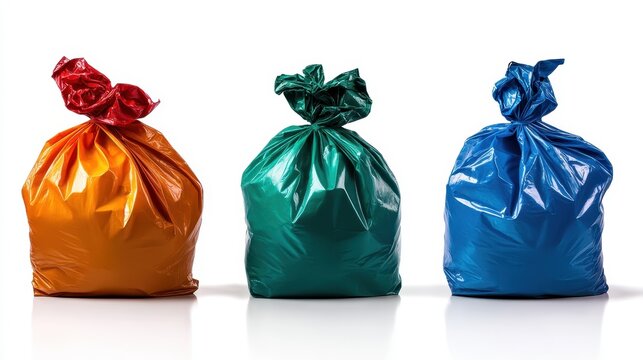 Three distinct trash bags in eye-catching colors arranged together, emphasizing waste classification concepts and the importance of recycling in modern households.