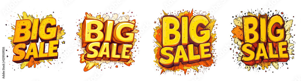 Poster the image displays four variations of a stylized big sale announcement graphic with a vibrant color 