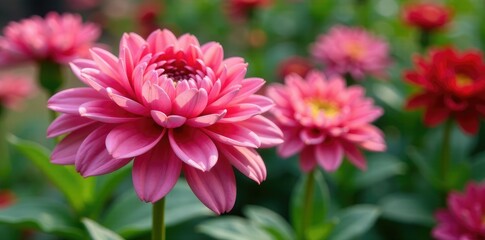Fototapeta premium Colorful pink chrysanthemum blooms in a garden, blooming, nature, garden
