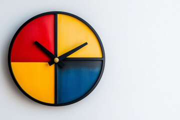 Asymmetrical abstract wall clock in geometric shapes and vibrant colors on a plain white wall, artistic and modern concept 