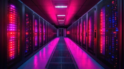 A brightly lit server room featuring rows of high-tech servers illuminated by colorful LED lights.