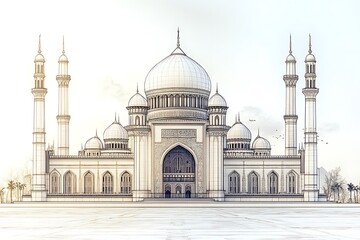 Fototapeta premium Ornate Mosque with Domes and Minarets Against a Pale Sky