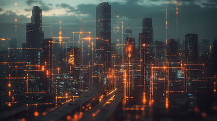 Obraz premium Smart digital Innovation city with connection network reciprocity over the twilight cityscape. of future smart wireless digital city and social media networking systems that connects people with city 