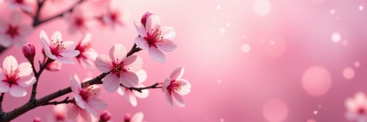 Obraz premium Cherry blossom branches on a warm pink background, blooming, flowers