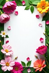 Obraz premium Blooming garden scene with white paper background and flowers scattered around, greenery, flowers, petals