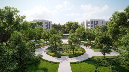 Fototapeta premium A serene landscape featuring a circular pathway surrounded by lush greenery and modern buildings in the background.