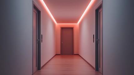 Fototapeta premium A modern hallway featuring soft, ambient lighting with a reddish hue, leading to a closed door, creating a warm yet mysterious atmosphere.