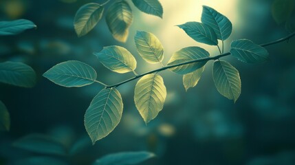 Sunlit leaves branch, forest backdrop, nature serenity, website banner