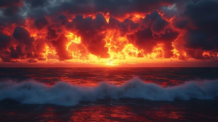 Fiery Sky Sunset Dramatic Ocean Waves Beautiful Scenic Stunning Seascape Photo