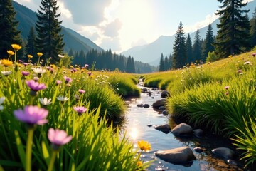 Sun-drenched meadow, wildflowers blooming, dry creek bed, vegetation, wildlife