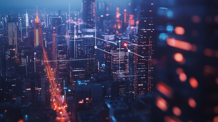 Obraz premium Smart digital Innovation city with connection network reciprocity over the twilight cityscape. of future smart wireless digital city and social media networking systems that connects people with city 