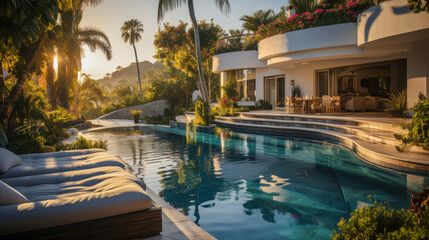 Fototapeta premium Beautiful tropical villa with pool surrounded by lush greenery at sunset in a serene location