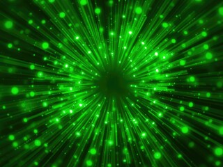 Green light burst with shiny light dots emanating in all directions resembling a bright explosion, beams, concept, burst
