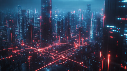 Fototapeta premium Smart digital Innovation city with connection network reciprocity over the twilight cityscape. of future smart wireless digital city and social media networking systems that connects people with city 