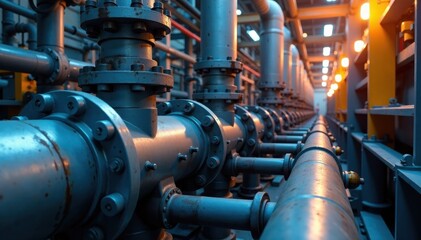 Industrial refinery pipes, complex machinery, close-up, economy, texture