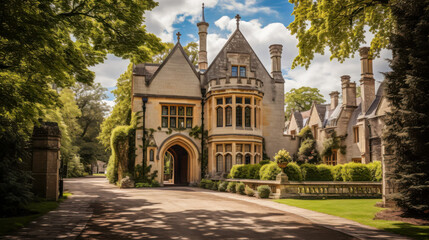 Historic stone castle under a bright blue sky with lush green trees in the foreground during a sunny afternoon