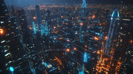 Smart digital Innovation city with connection network reciprocity over the twilight cityscape. of future smart wireless digital city and social media networking systems that connects people with city
