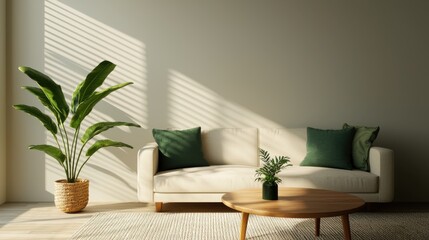 A serene living room featuring a light couch with green cushions, a wooden coffee table, and a vibrant plant, illuminated by soft sunlight.