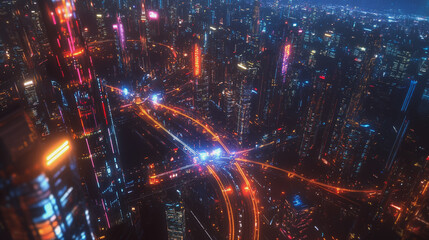 Obraz premium Smart digital Innovation city with connection network reciprocity over the twilight cityscape. of future smart wireless digital city and social media networking systems that connects people with city 