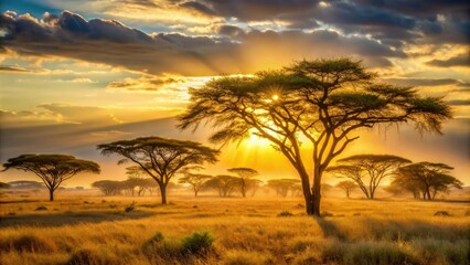 Obraz premium Golden light filtering through acacia trees on a savanna landscape at sunrise, golden hour, sun rise, african wildlife, wilderness, africa