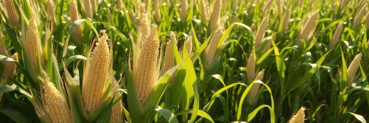 Golden ears of corn glistening in the sunlight on a lush green field, nature, ears, natural