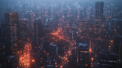 Fototapeta premium Smart digital Innovation city with connection network reciprocity over the twilight cityscape. of future smart wireless digital city and social media networking systems that connects people with city 