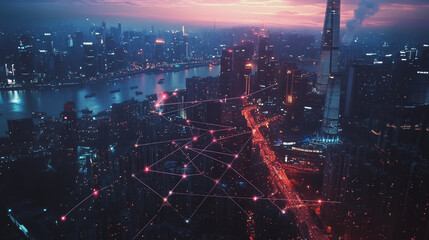Obraz premium Smart digital Innovation city with connection network reciprocity over the twilight cityscape. of future smart wireless digital city and social media networking systems that connects people with city 