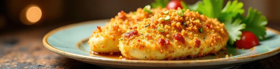 Golden brown Chicken cordon bleu cutlet with crunchy topping, crispy, crunchy, topping