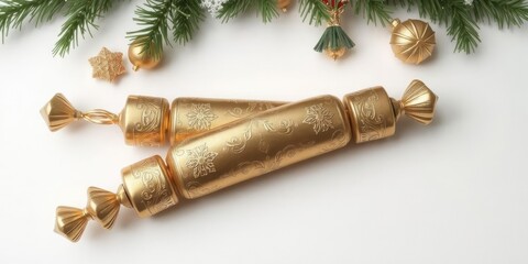 Gold Christmas cracker with decorative details on a white background, shiny, decoration, festive