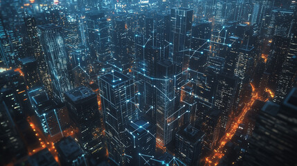 Fototapeta premium Smart digital Innovation city with connection network reciprocity over the twilight cityscape. of future smart wireless digital city and social media networking systems that connects people with city 