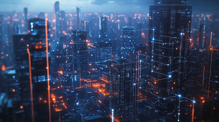 Obraz premium Smart digital Innovation city with connection network reciprocity over the twilight cityscape. of future smart wireless digital city and social media networking systems that connects people with city 