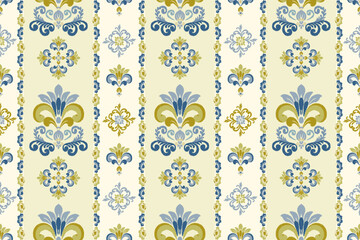 Vintage seamless floral pattern in yellow and blue with damask influences. Perfect for wallpaper, decorative packaging, and fabric.