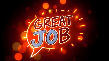 Neon sign, "Great Job" text, bright orange and blue colors, glowing effect, retro style, dark background,