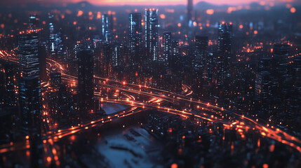 Smart digital Innovation city with connection network reciprocity over the twilight cityscape. of future smart wireless digital city and social media networking systems that connects people with city
