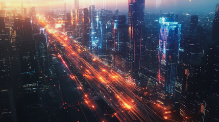 Smart digital Innovation city with connection network reciprocity over the twilight cityscape. of future smart wireless digital city and social media networking systems that connects people with city
