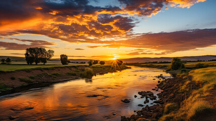 Beautiful sunset over a winding river and expansive landscape with dramatic clouds in a tranquil rural setting