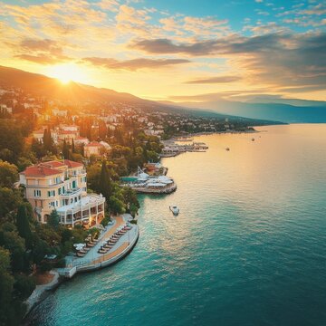 Aerial view of the beautiful seafront in Opatija, Adriatic sea coast, Croatia. Opatija resort town and Lungomare sea walkway aerial view, Kvarner bay of Croatia at sunrise. Luxury travel destination 