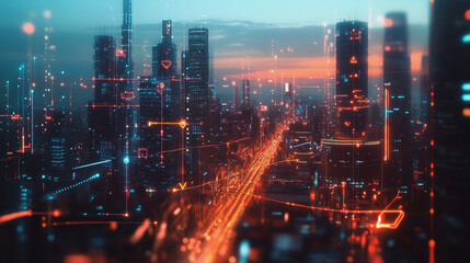 Fototapeta premium Smart digital Innovation city with connection network reciprocity over the twilight cityscape. of future smart wireless digital city and social media networking systems that connects people with city 