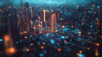 Fototapeta premium Smart digital Innovation city with connection network reciprocity over the twilight cityscape. of future smart wireless digital city and social media networking systems that connects people with city 