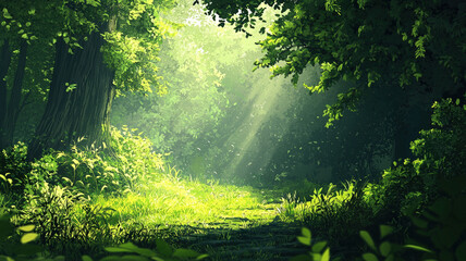 Obraz premium Sunlit Forest with Dense Green Foliage and Tranquil Path Illuminated by Radiant Sunbeams.