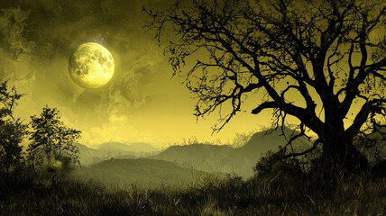 Mystical moonlit landscape with silhouetted tree and distant mountains